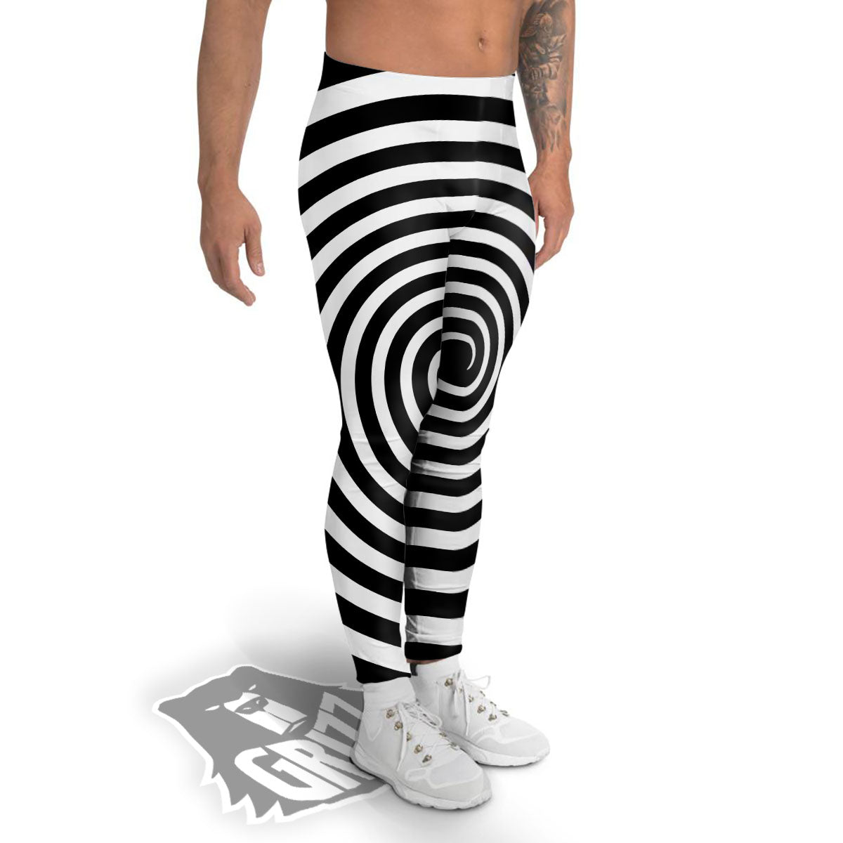 Spiral Illusion White And Black Print Men's Leggings-grizzshop