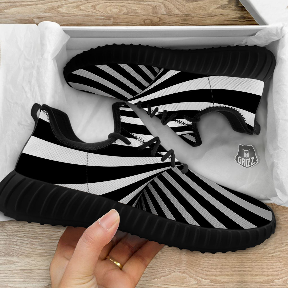 Spiral Twist Illusion White And Black Print Black Walking Shoes-grizzshop