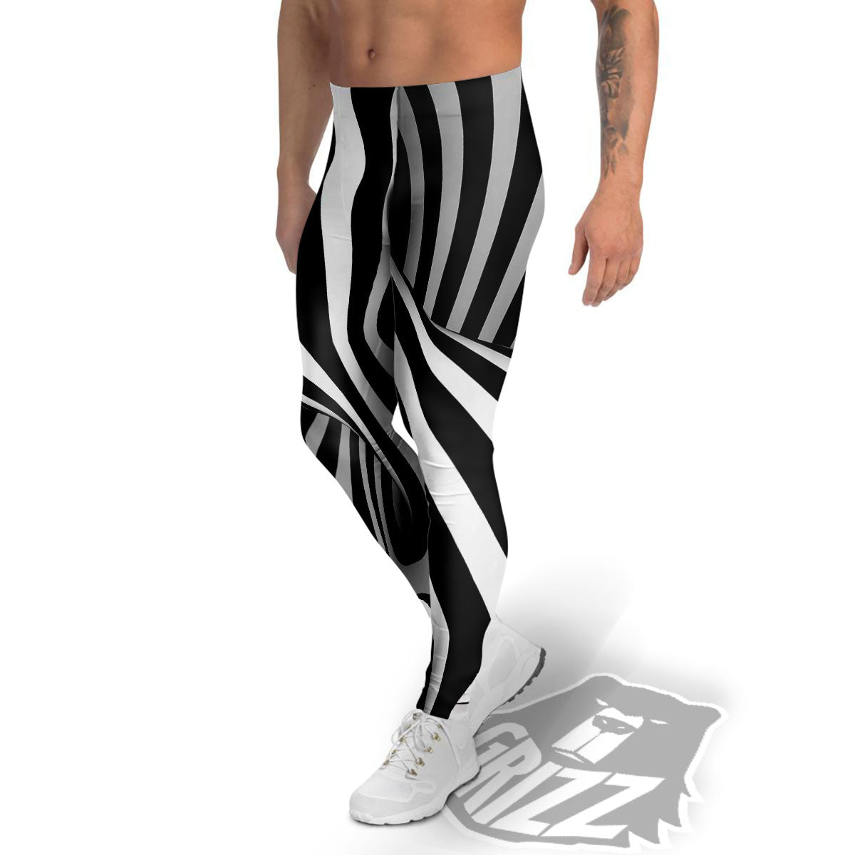 Spiral Twist Illusion White And Black Print Men's Leggings-grizzshop