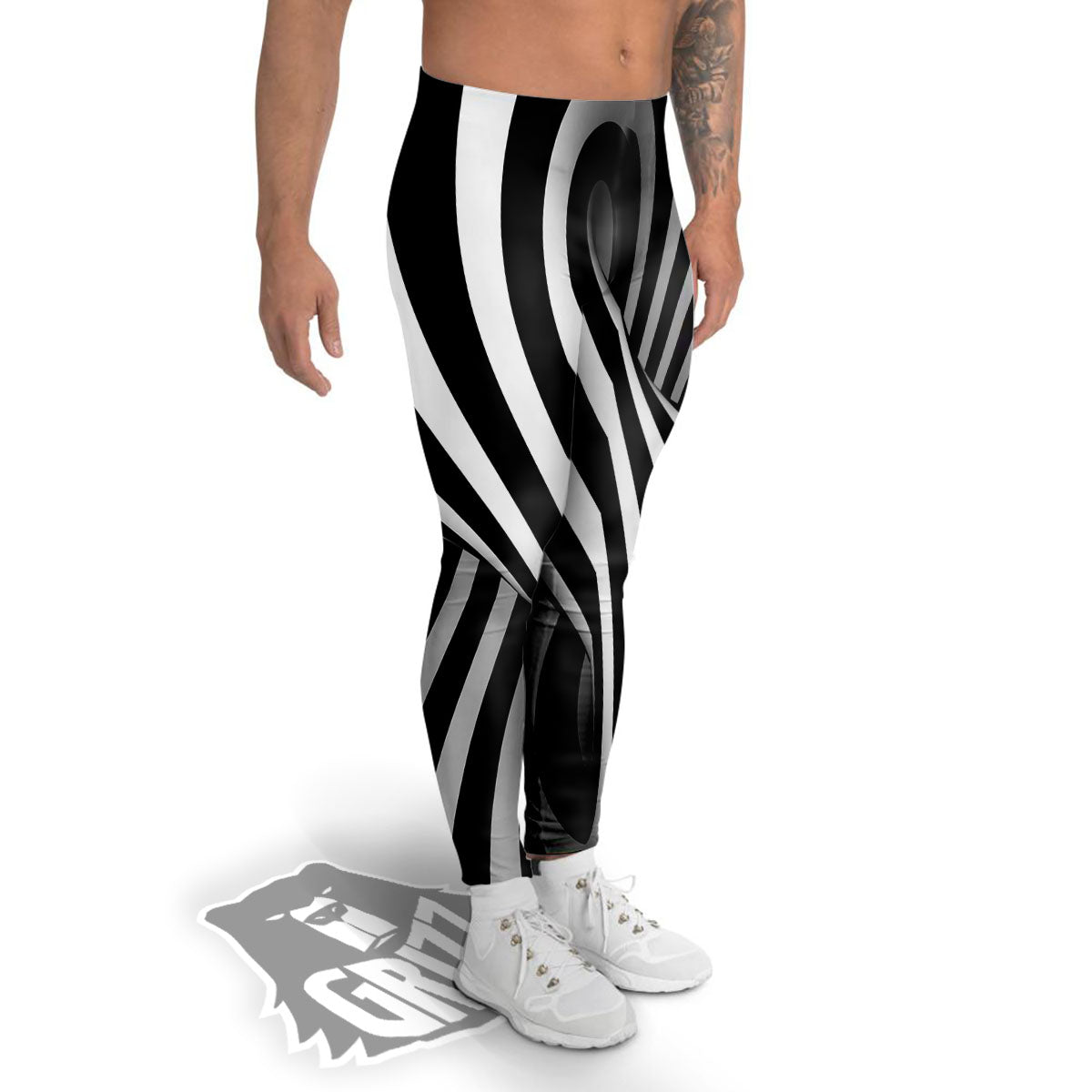 Spiral Twist Illusion White And Black Print Men's Leggings-grizzshop