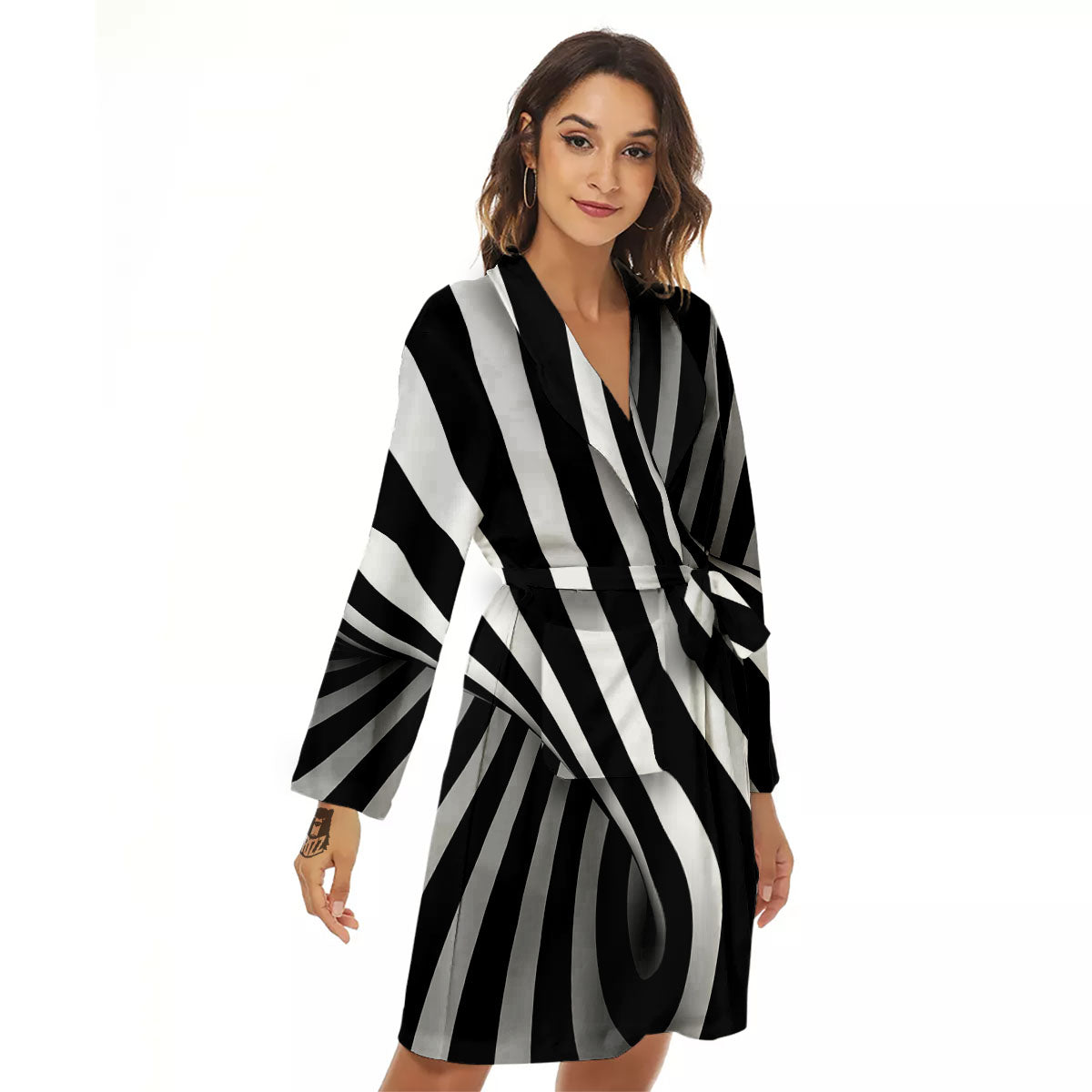 Spiral Twist Illusion White And Black Print Women's Robe-grizzshop