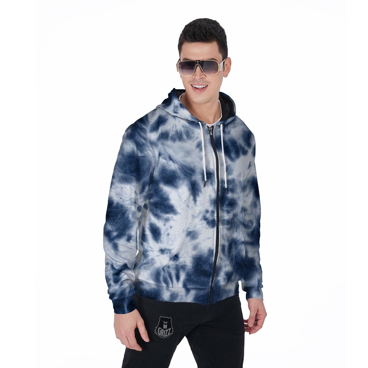 Spiral Blue Tie Dye Men's Zip Up Hoodie-grizzshop