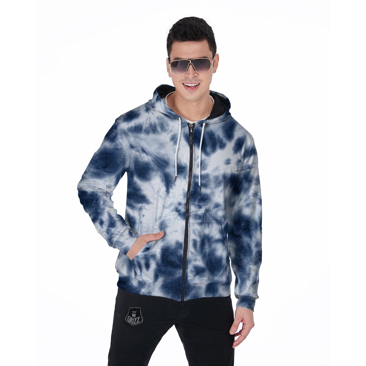 Spiral Blue Tie Dye Men's Zip Up Hoodie-grizzshop
