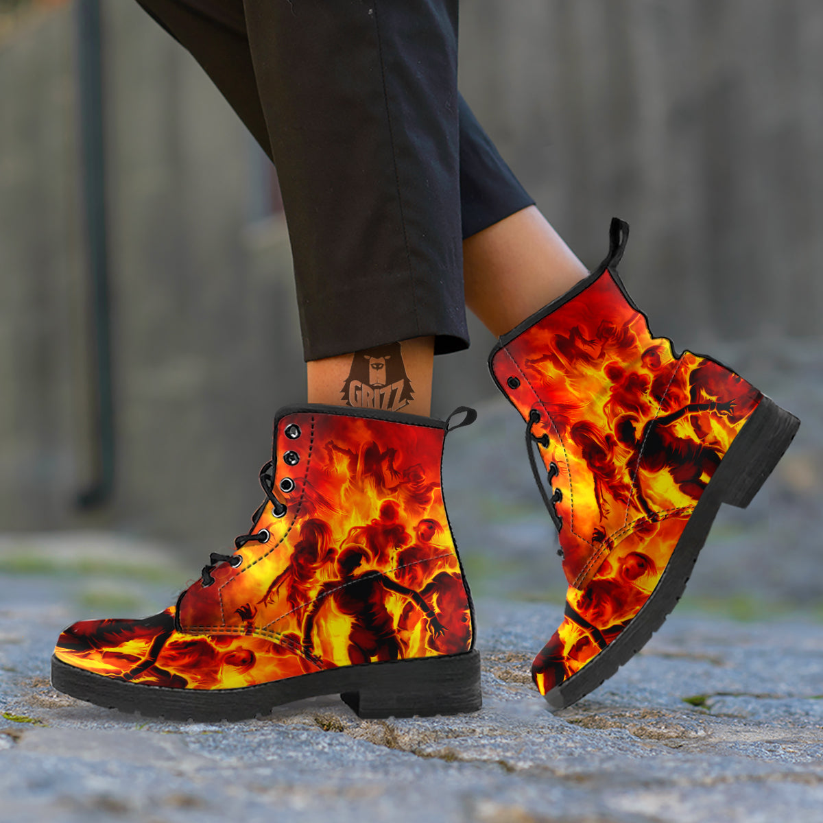 Spirit In Fire Hell Print Leather Boots-grizzshop