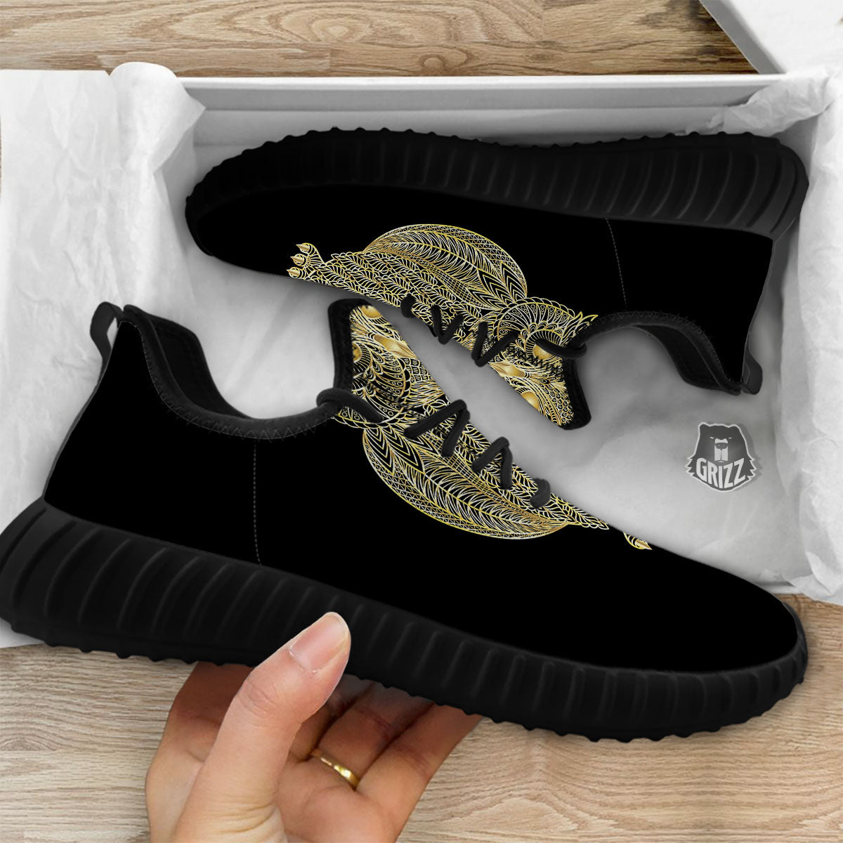 Spirit Owl Gold Print Black Walking Shoes-grizzshop