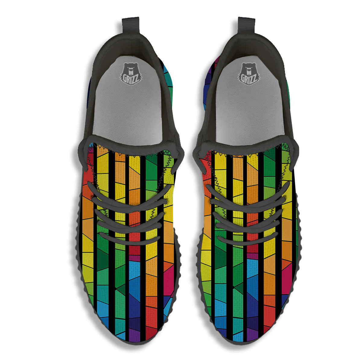 Square Stained Glass Mosaic Print Black Walking Shoes-grizzshop