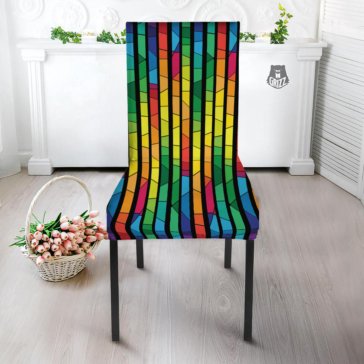 Square Stained Glass Mosaic Print Dining Chair Slipcover-grizzshop
