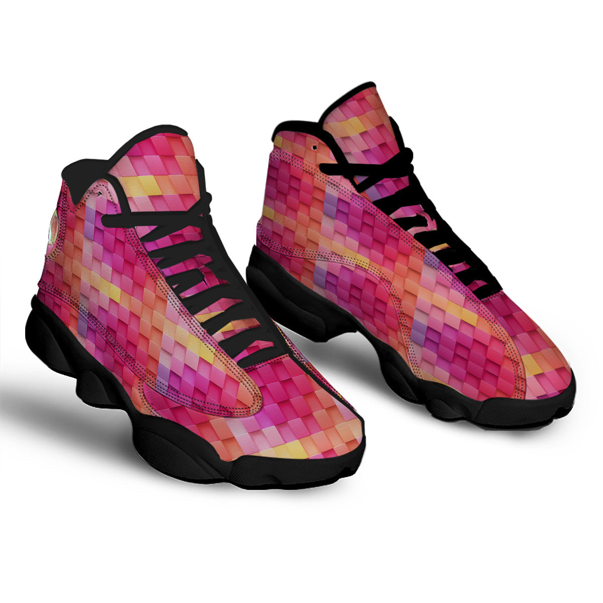 Square Tile 3D Colorful Print Pattern Black Basketball Shoes-grizzshop