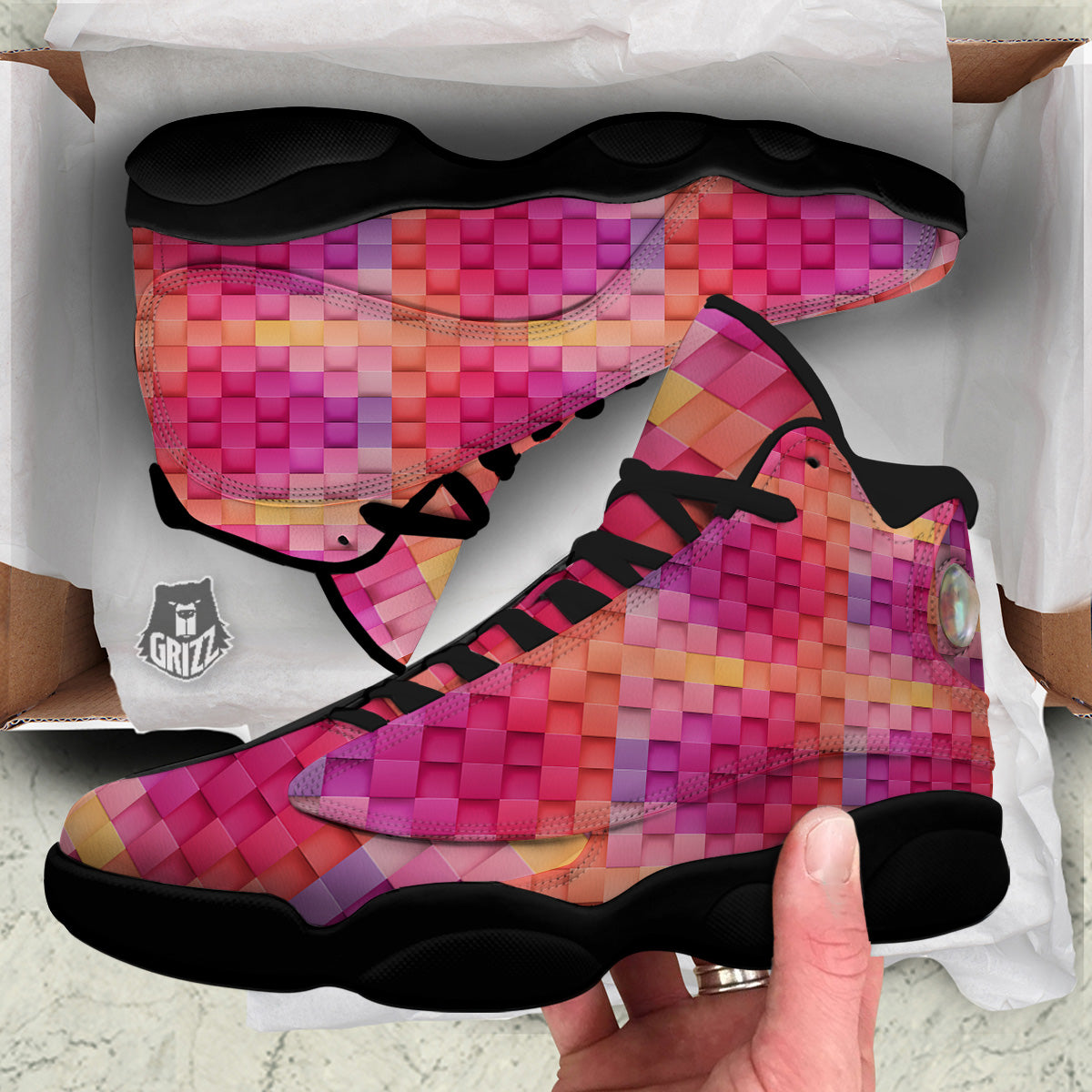 Square Tile 3D Colorful Print Pattern Black Basketball Shoes-grizzshop