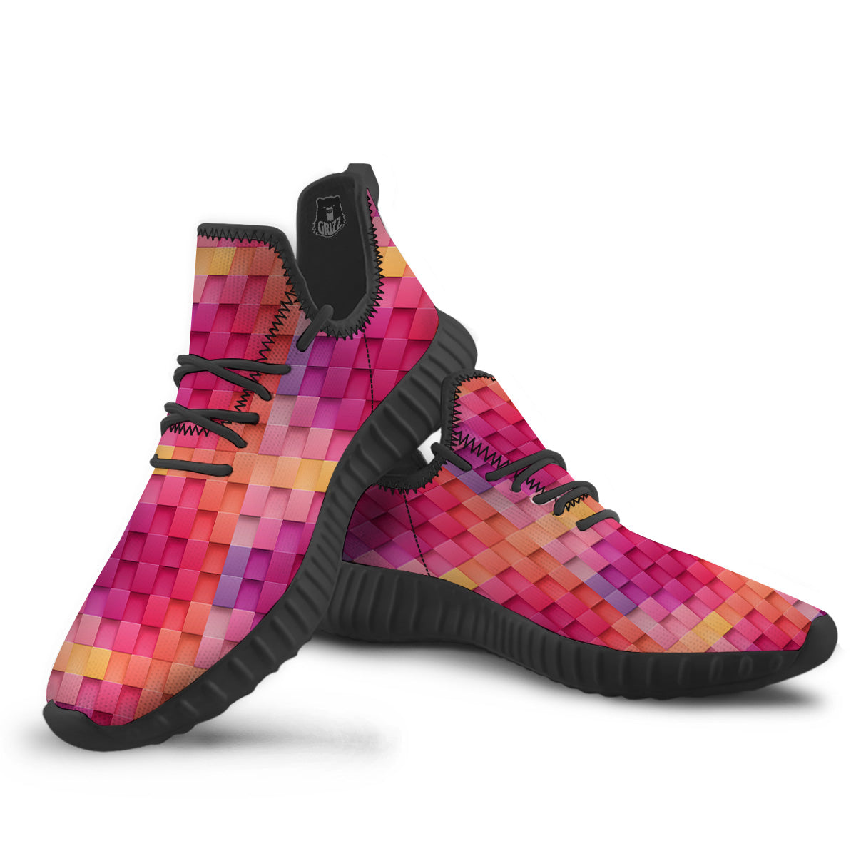 Square Tile 3D Colorful Print Pattern Black Walking Shoes-grizzshop