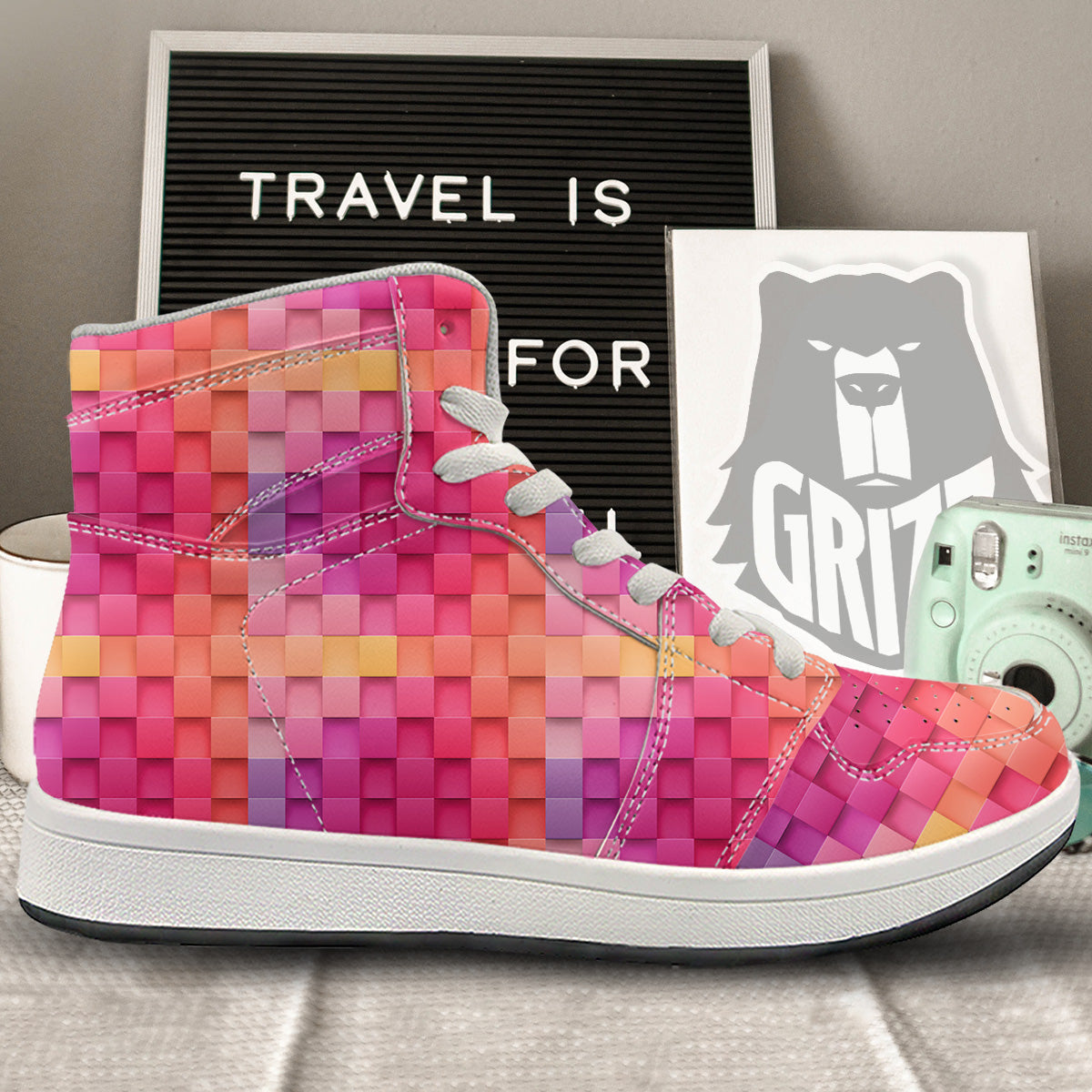Square Tile 3D Colorful Print Pattern High Top Sneakers-grizzshop
