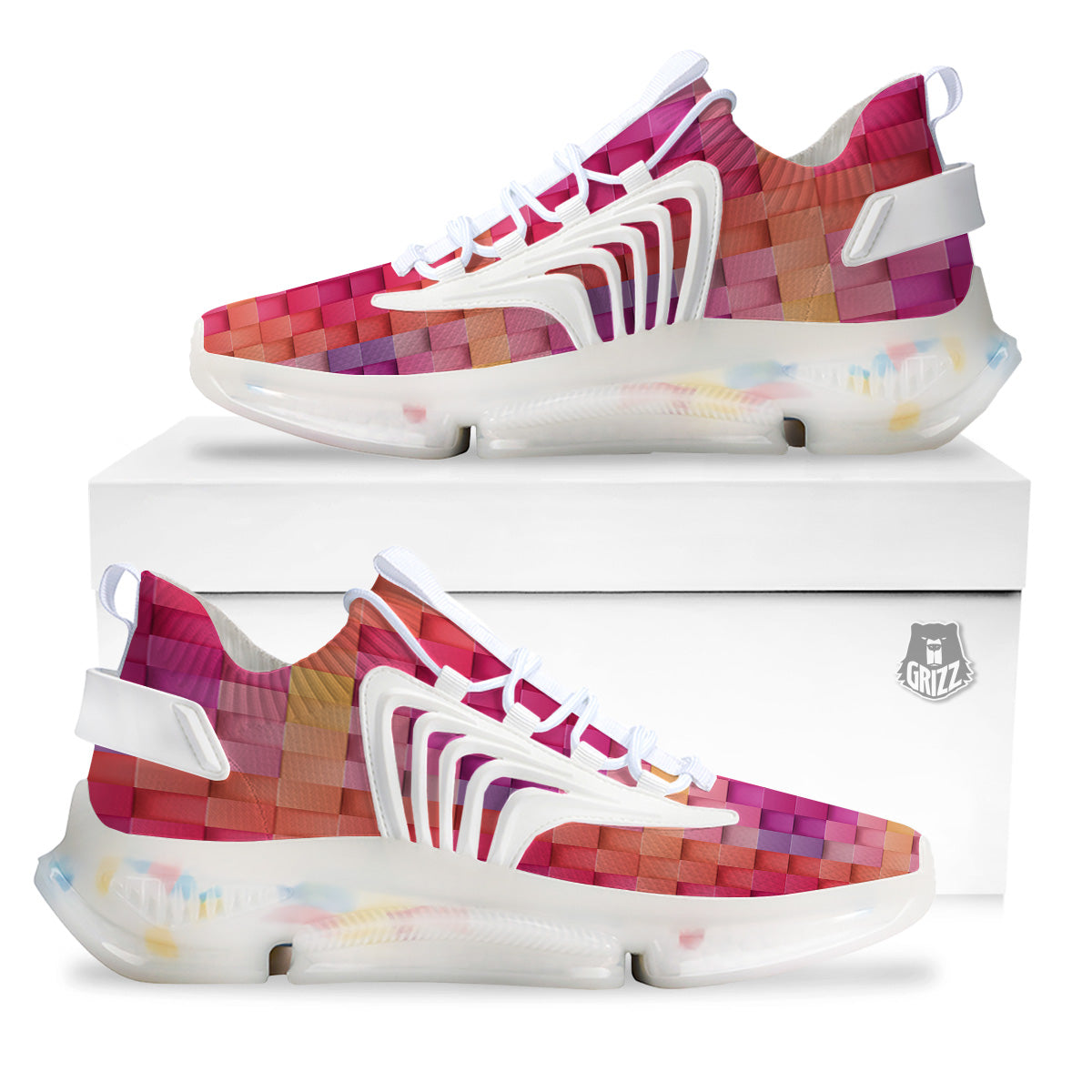 Square Tile 3D Colorful Print Pattern White Gym Shoes-grizzshop