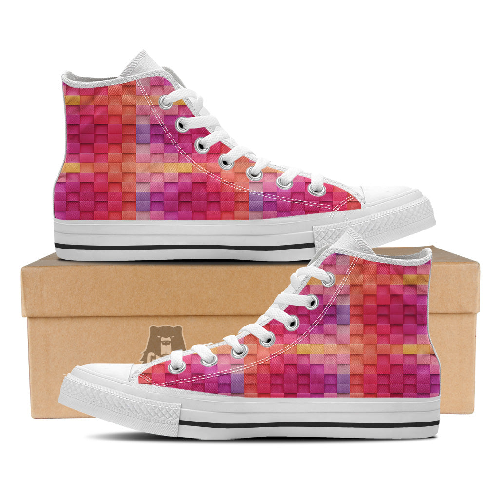 Square Tile 3D Colorful Print Pattern White High Top Shoes-grizzshop