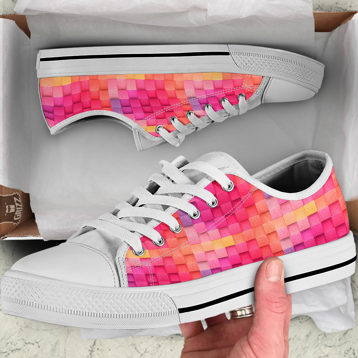 Square Tile 3D Colorful Print Pattern White Low Top Shoes-grizzshop