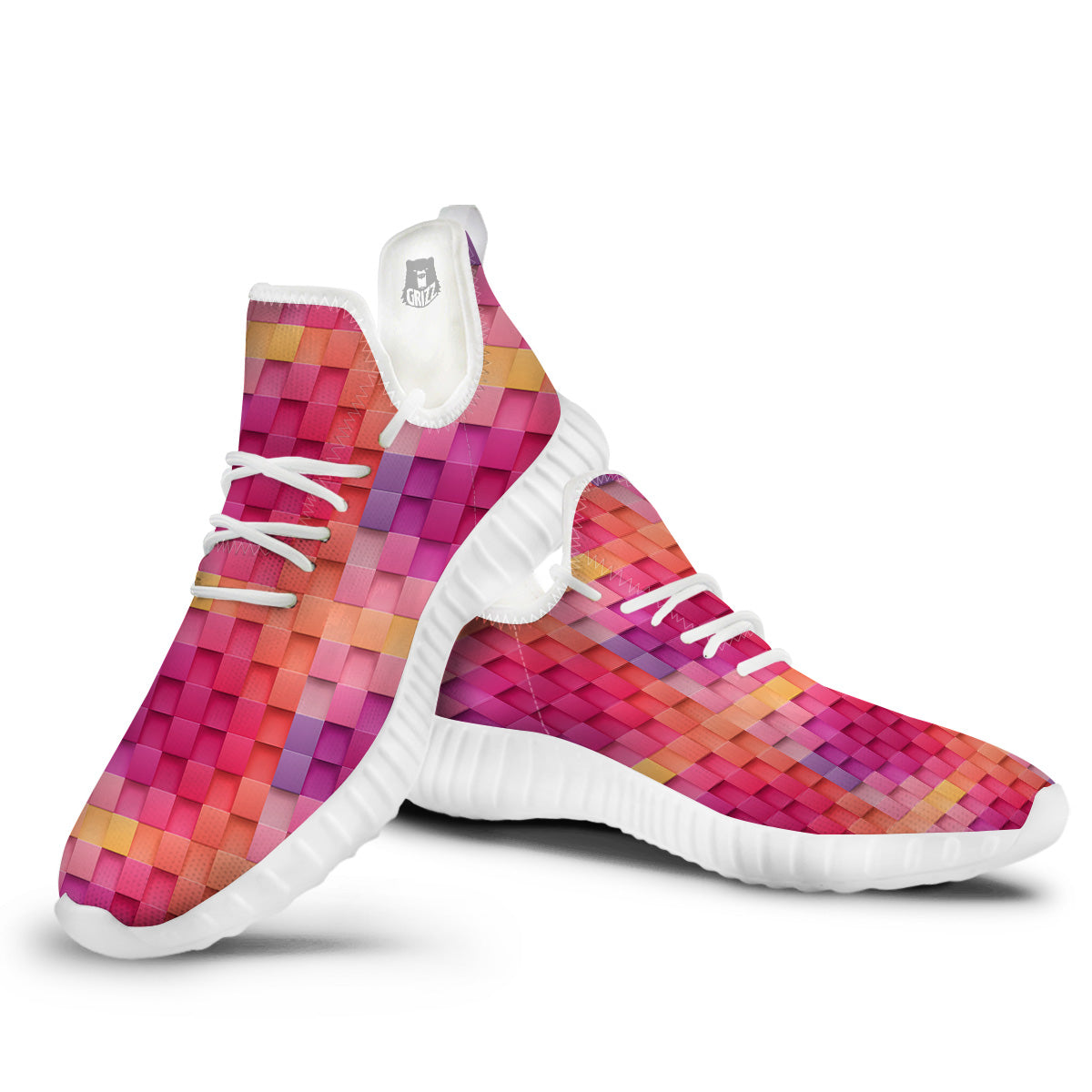 Square Tile 3D Colorful Print Pattern White Walking Shoes-grizzshop