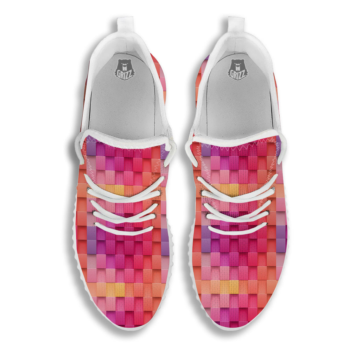 Square Tile 3D Colorful Print Pattern White Walking Shoes-grizzshop