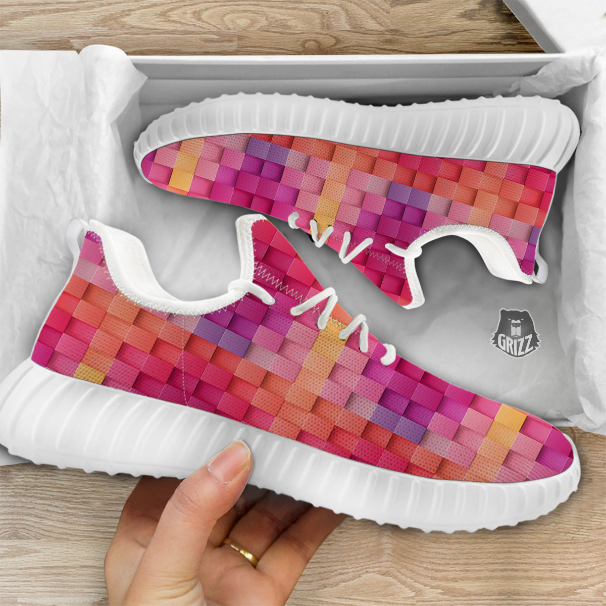 Square Tile 3D Colorful Print Pattern White Walking Shoes-grizzshop