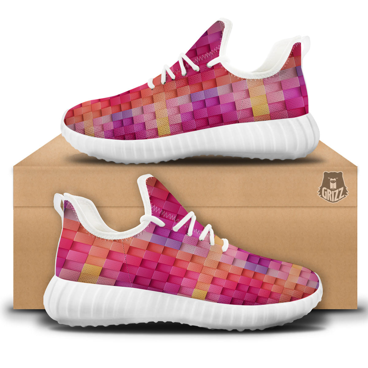 Square Tile 3D Colorful Print Pattern White Walking Shoes-grizzshop