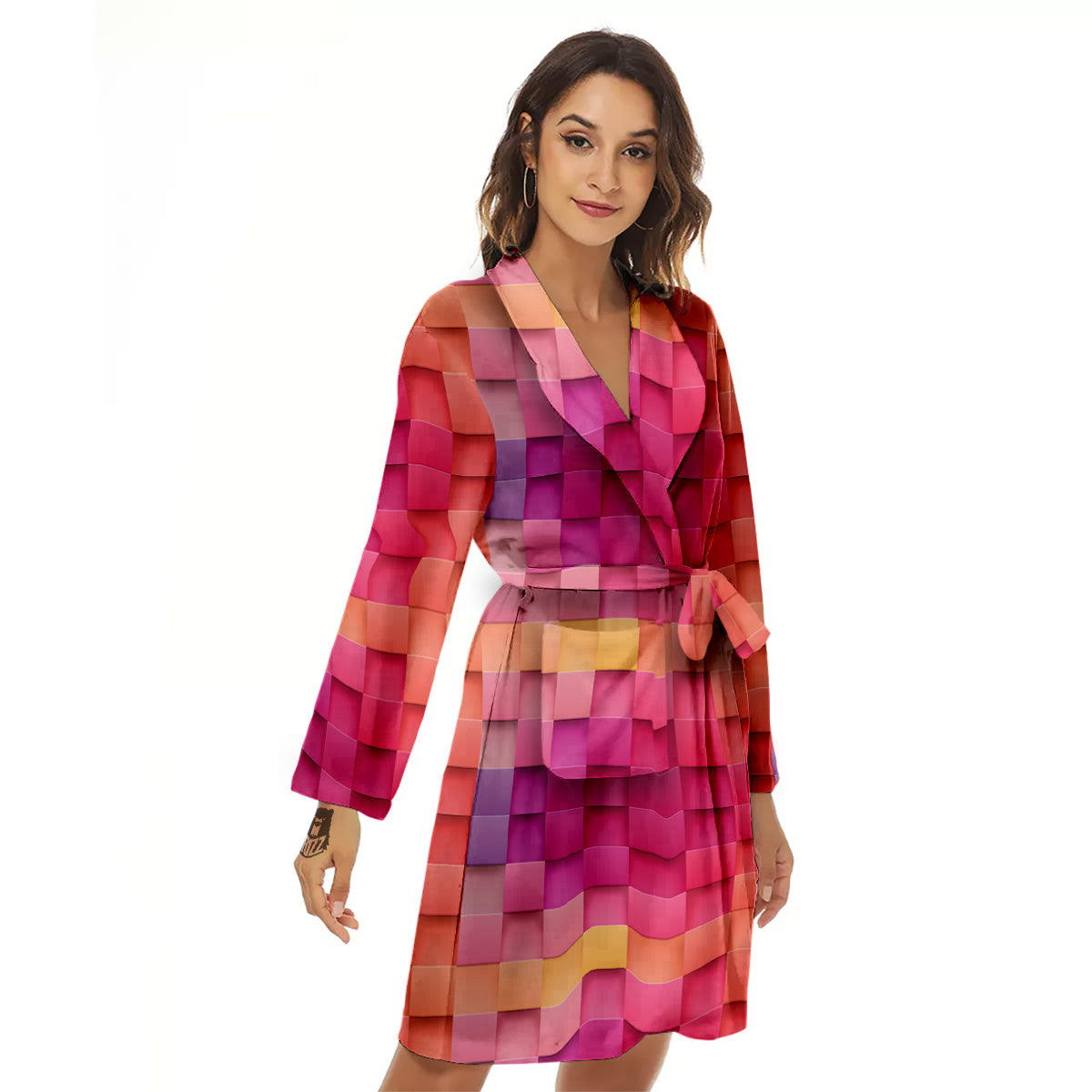 Square Tile 3D Colorful Print Pattern Women's Robe-grizzshop