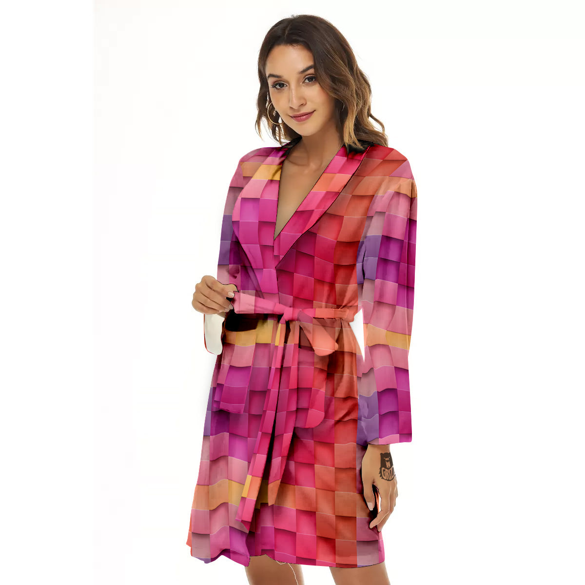 Square Tile 3D Colorful Print Pattern Women's Robe-grizzshop