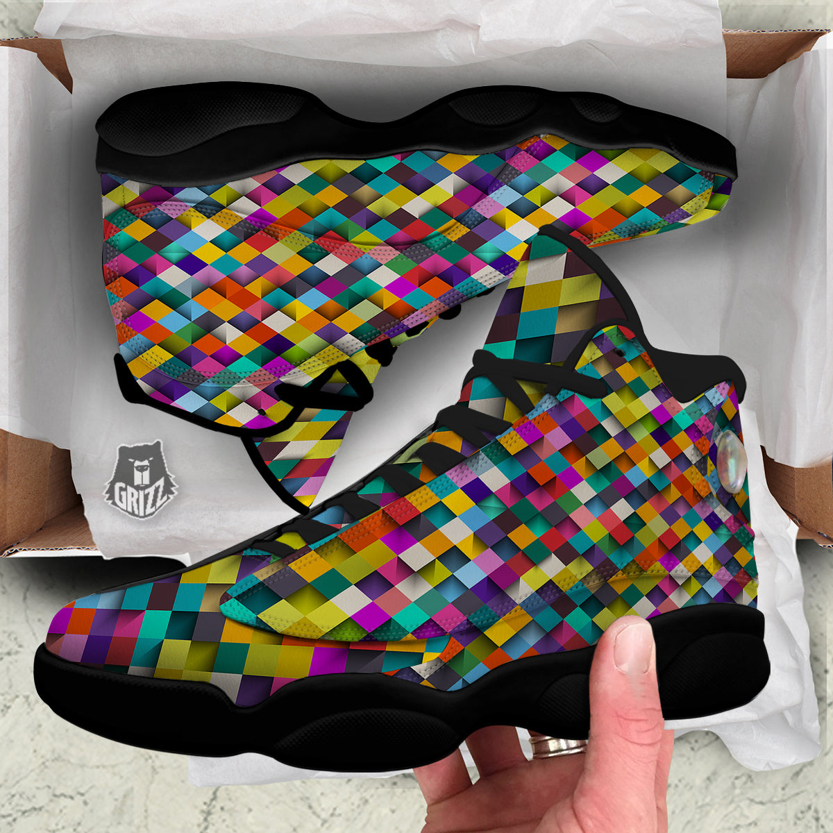 Squares 3D Colorful Print Pattern Black Basketball Shoes-grizzshop