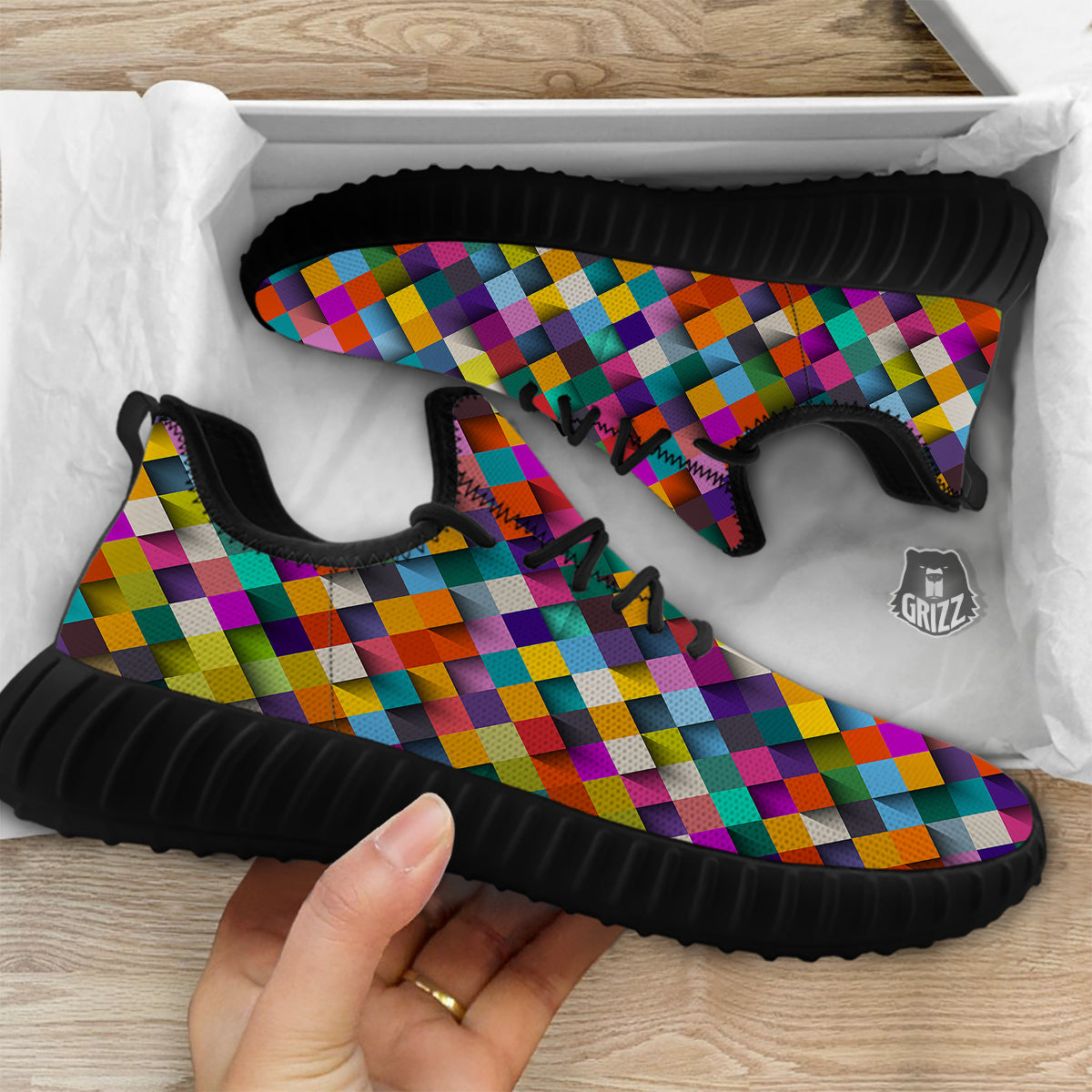 Squares 3D Colorful Print Pattern Black Walking Shoes-grizzshop