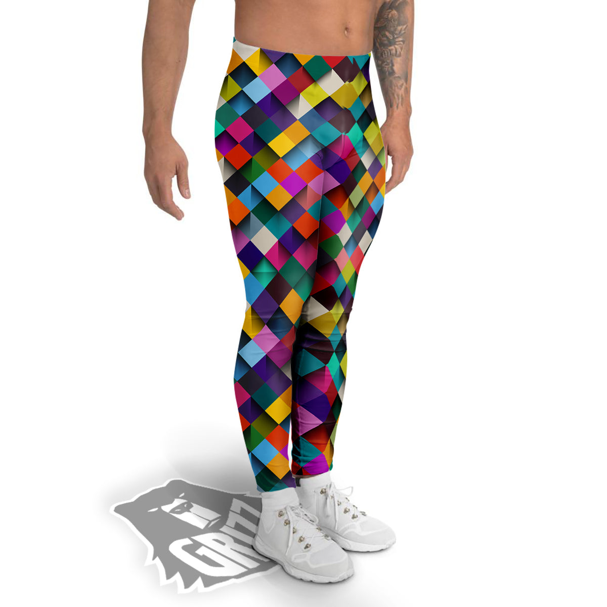 Squares 3D Colorful Print Pattern Men's Leggings-grizzshop