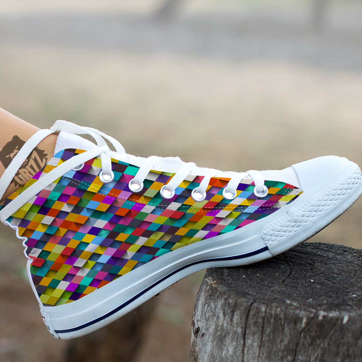 Squares 3D Colorful Print Pattern White High Top Shoes-grizzshop