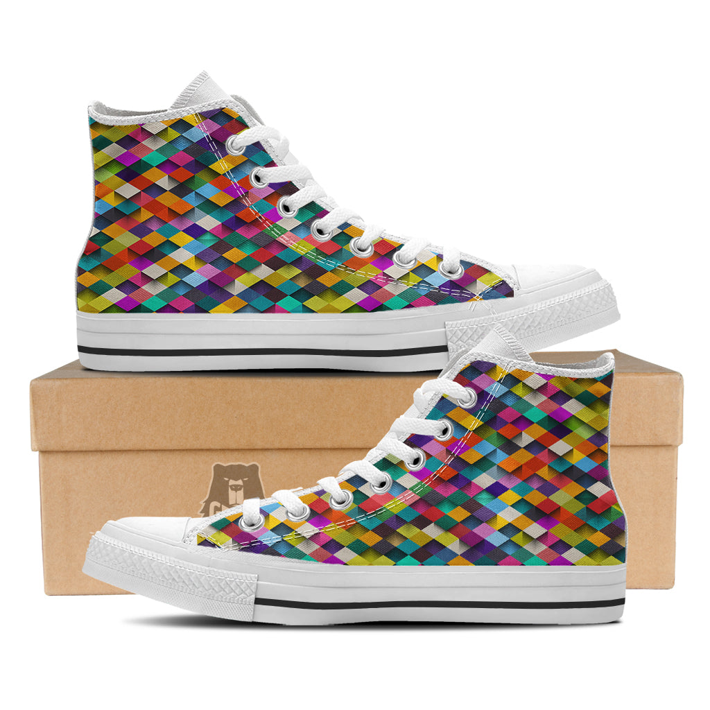 Squares 3D Colorful Print Pattern White High Top Shoes-grizzshop