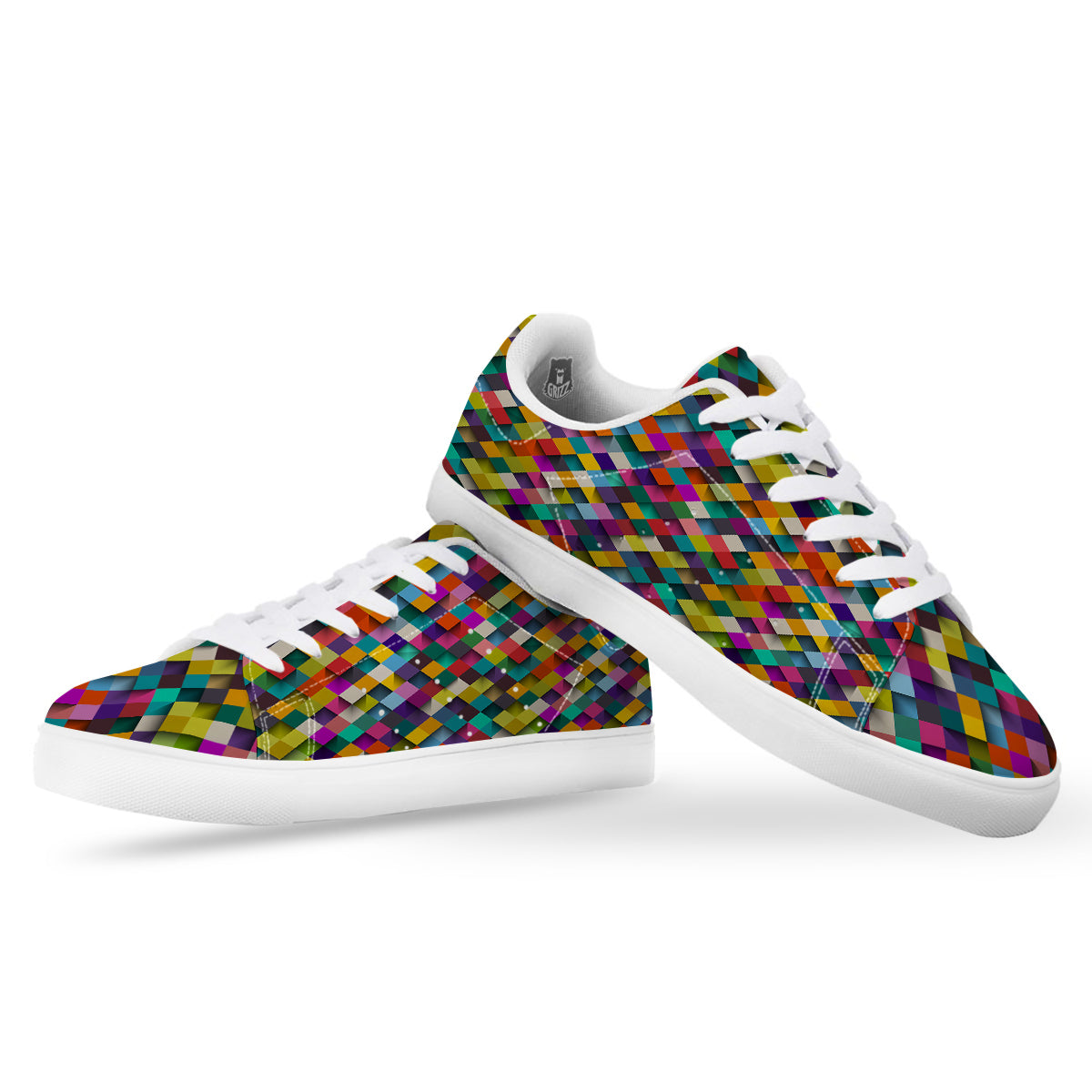 Squares 3D Colorful Print Pattern White Low Top Sneakers-grizzshop