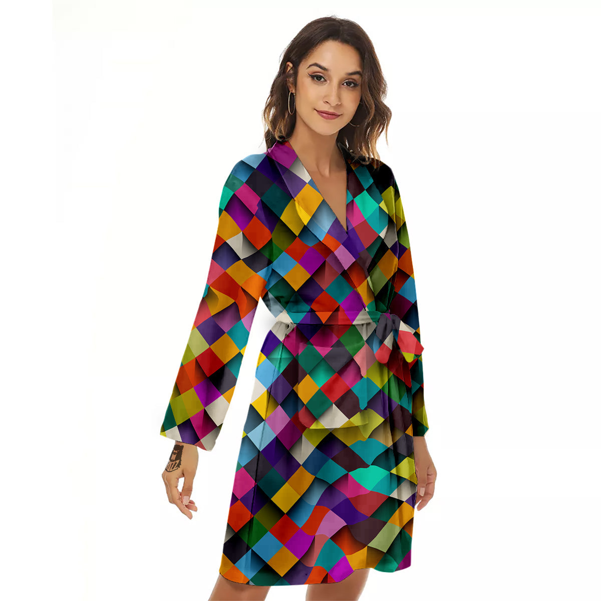 Squares 3D Colorful Print Pattern Women's Robe-grizzshop