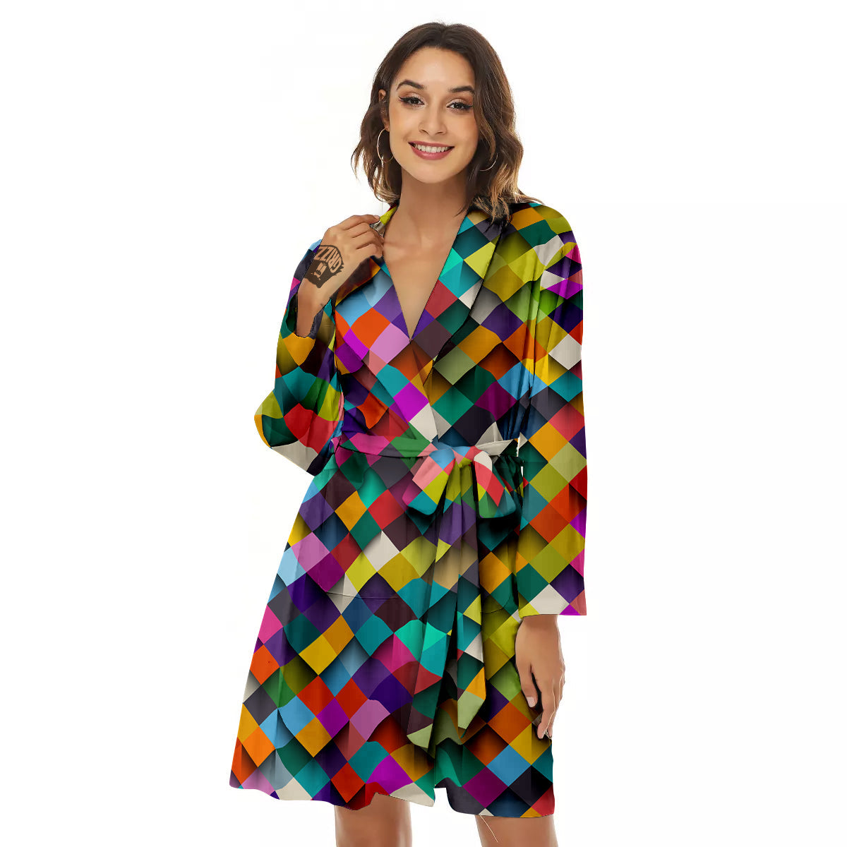 Squares 3D Colorful Print Pattern Women's Robe-grizzshop