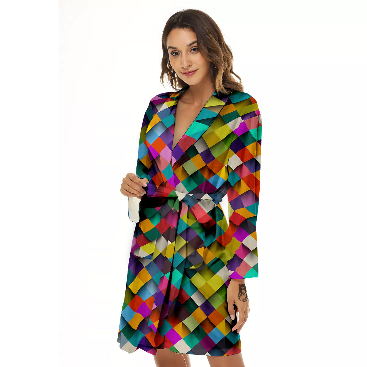 Squares 3D Colorful Print Pattern Women's Robe-grizzshop