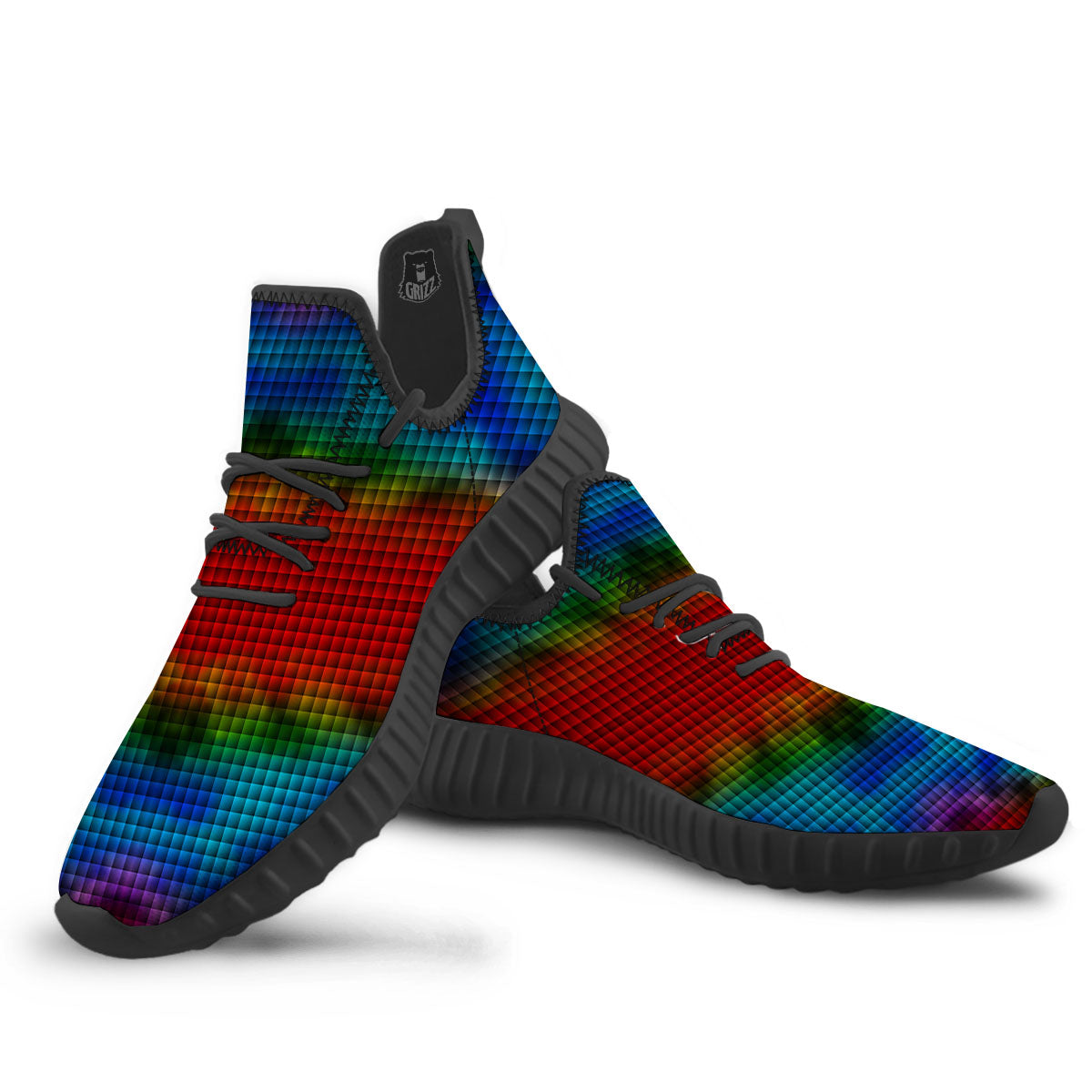 Squares Rainbow Print Pattern Black Walking Shoes-grizzshop