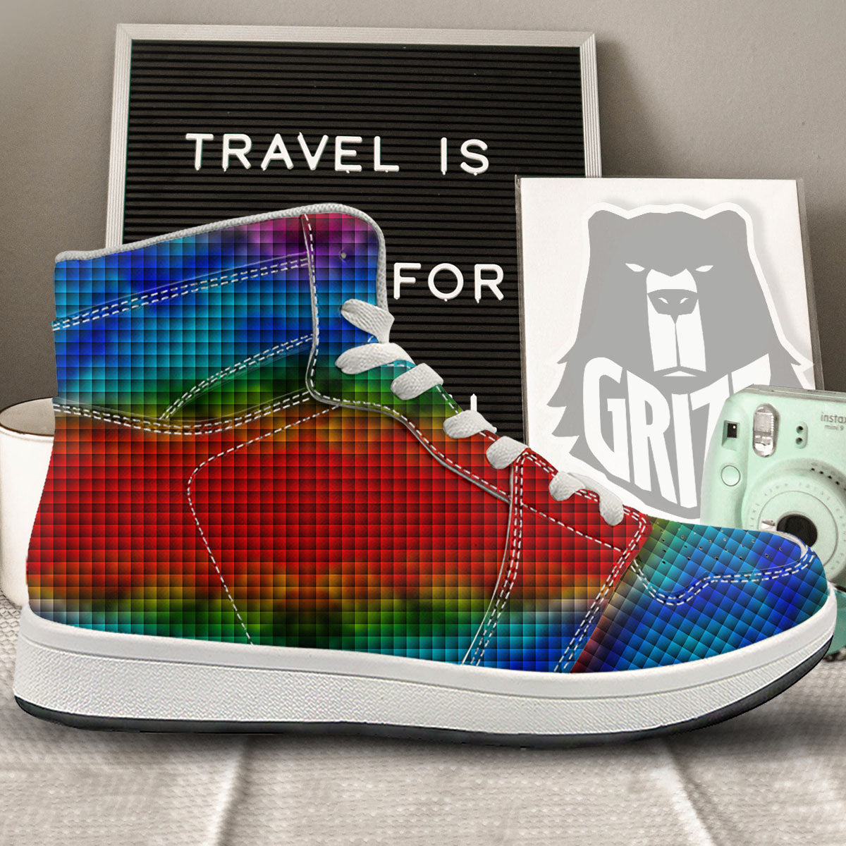 Squares Rainbow Print Pattern High Top Sneakers-grizzshop