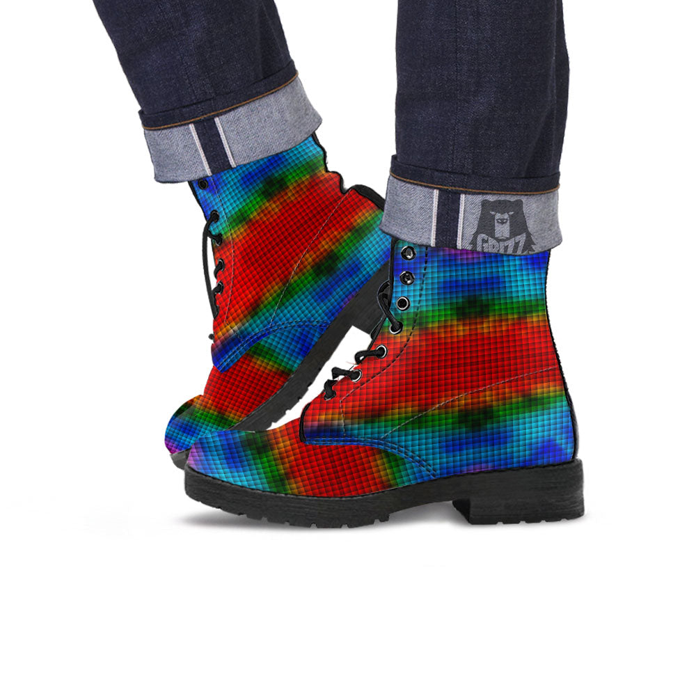 Squares Rainbow Print Pattern Leather Boots-grizzshop