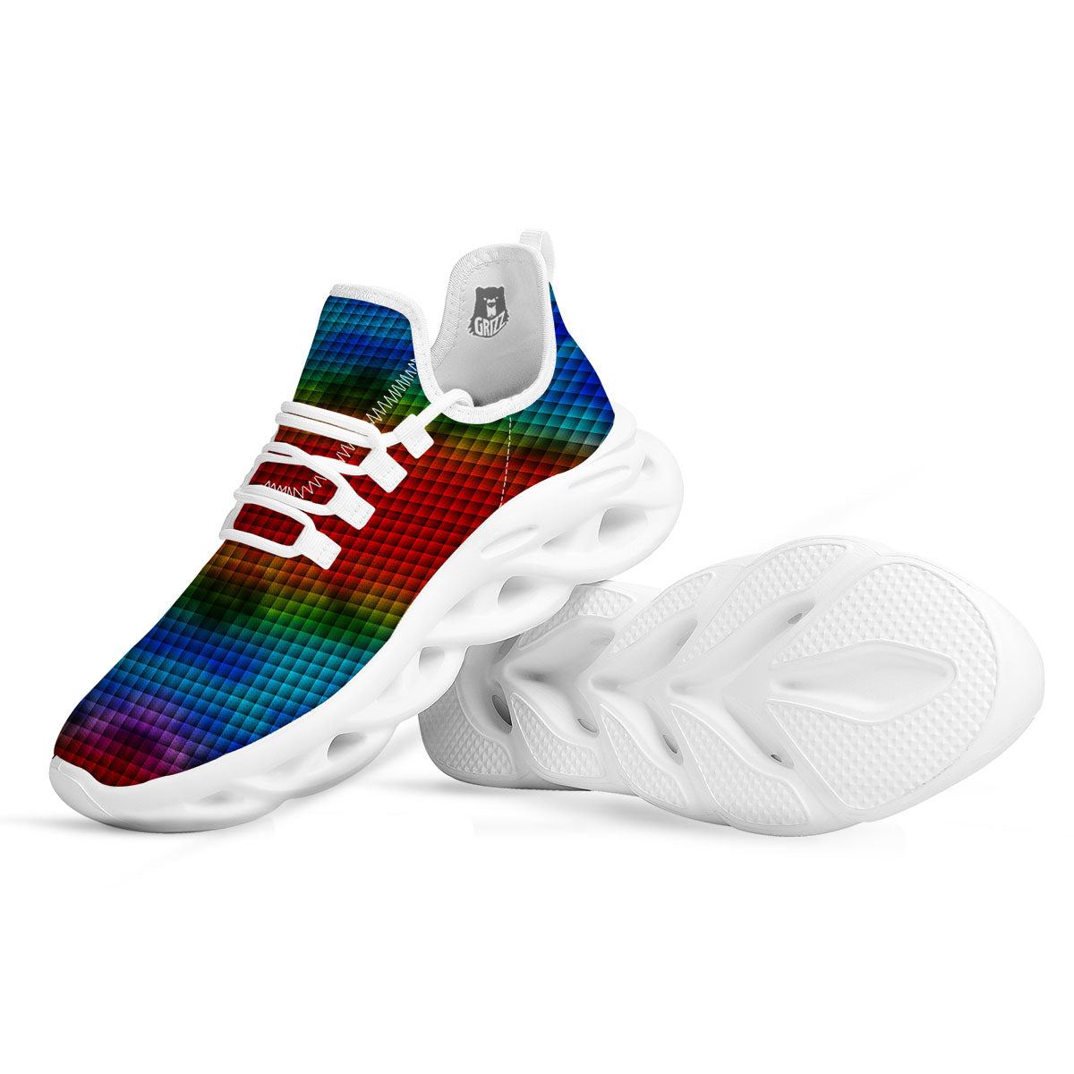 Squares Rainbow Print Pattern White Running Shoes-grizzshop