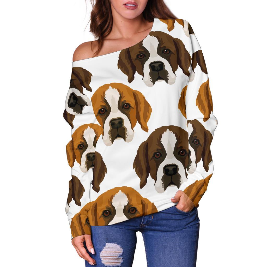 St Bernard Pattern Print Women Off Shoulder Sweatshirt-grizzshop