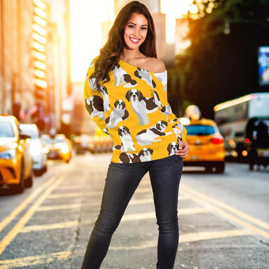 St Bernard Yellow Pattern Print Women Off Shoulder Sweatshirt-grizzshop