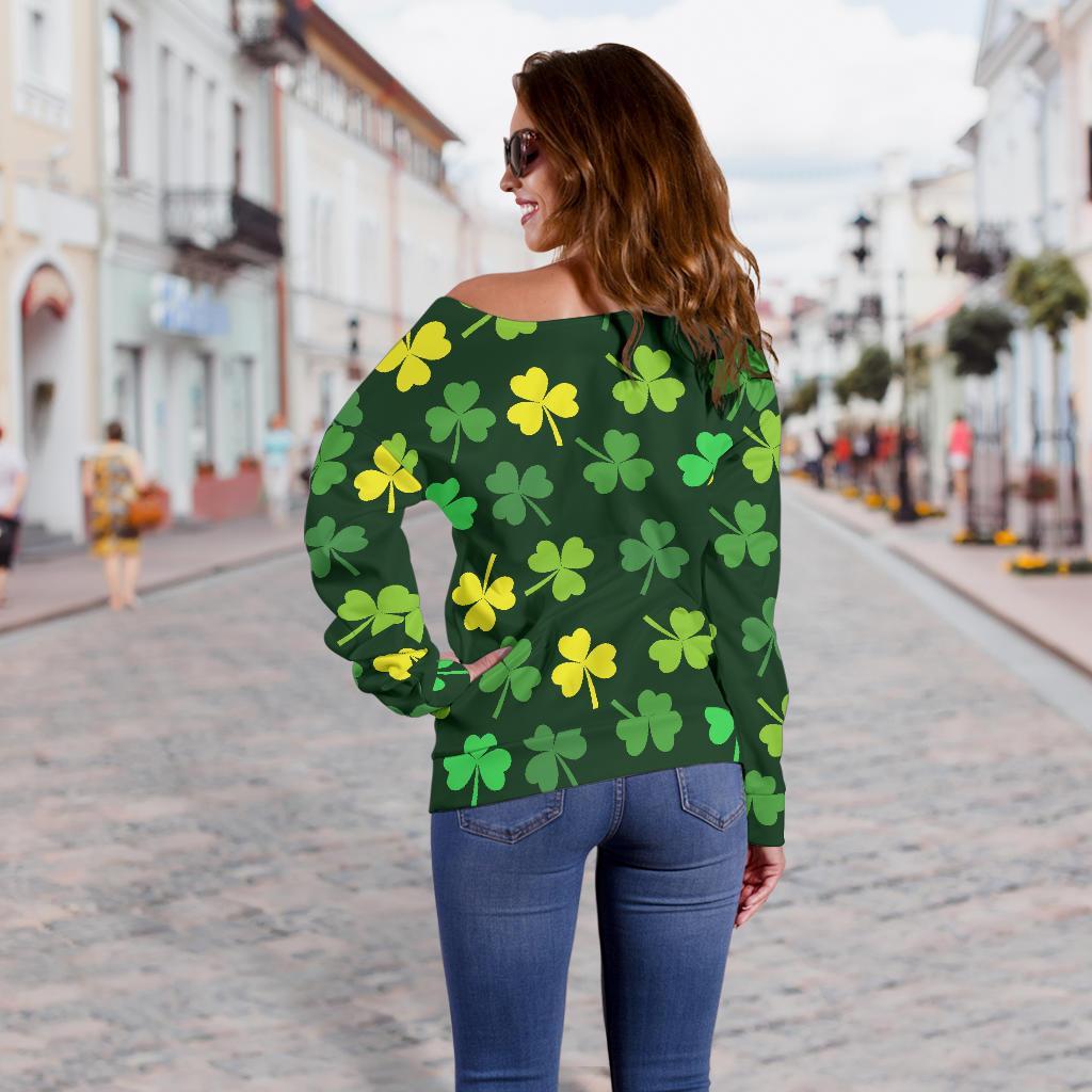 St Patrick's Day Shamrock Print Pattern Women Off Shoulder Sweatshirt-grizzshop