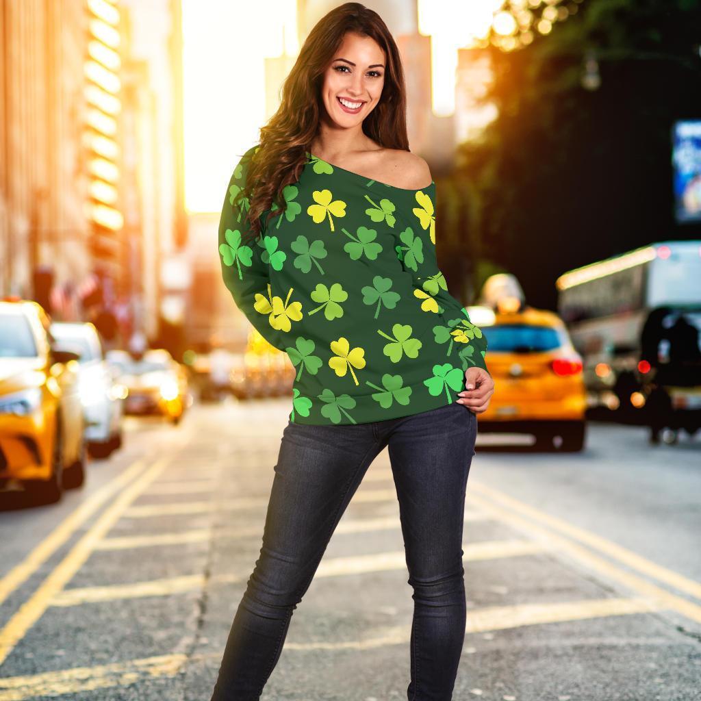 St Patrick's Day Shamrock Print Pattern Women Off Shoulder Sweatshirt-grizzshop