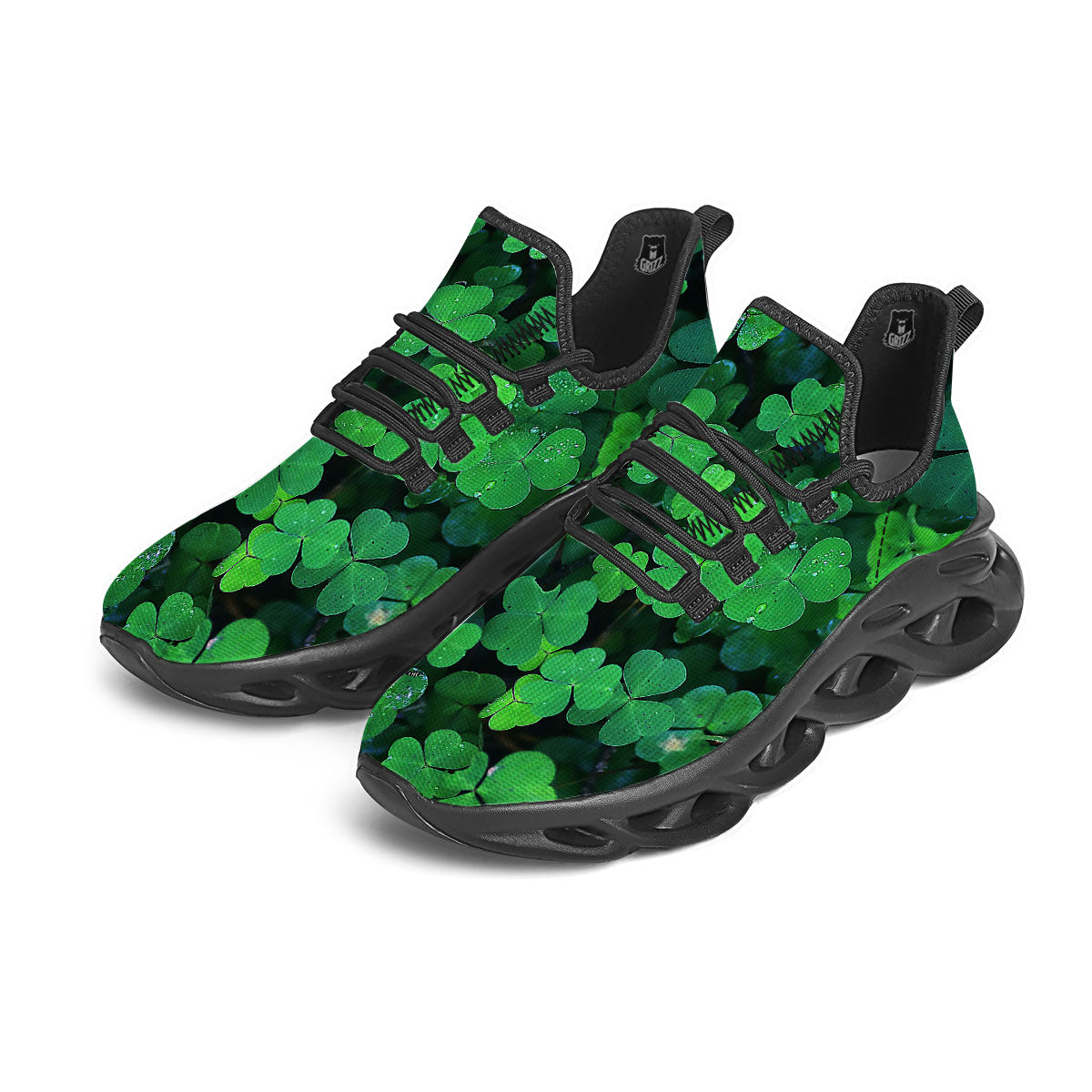 St. Patrick's Day Shamrock Clover Print Black Running Shoes-grizzshop