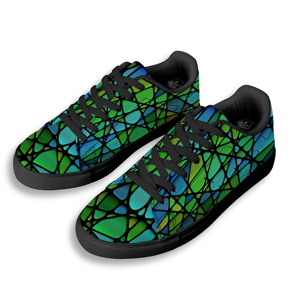 Stained Glass Green And Blue Print Black Low Top Sneakers-grizzshop