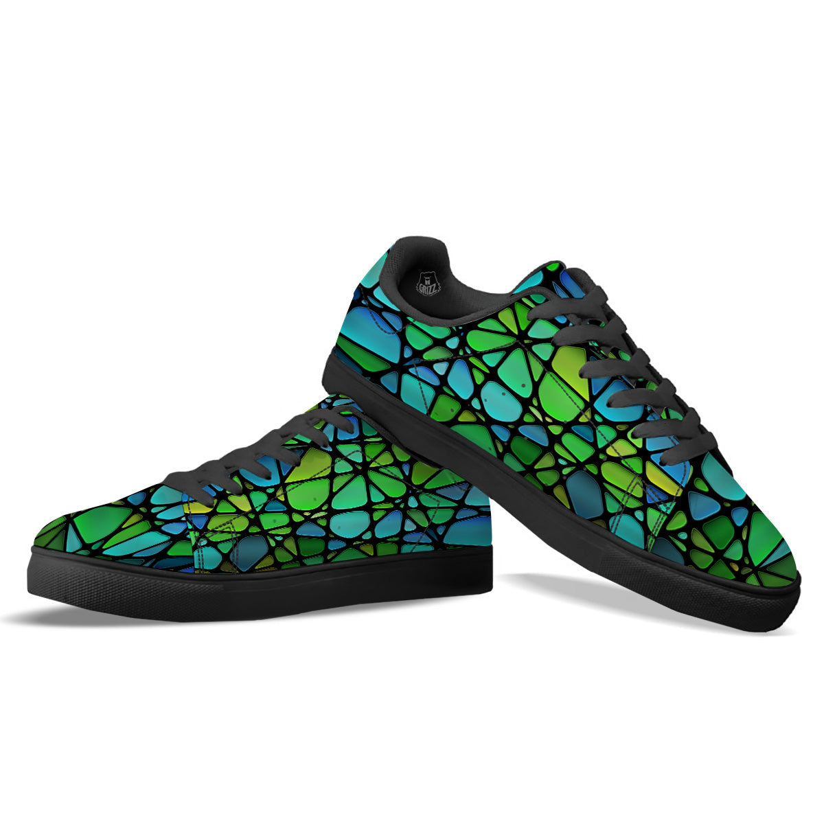 Stained Glass Green And Blue Print Black Low Top Sneakers-grizzshop