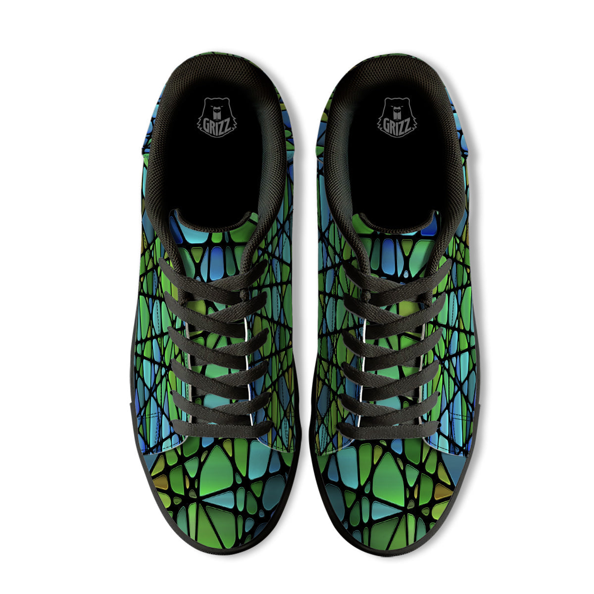 Stained Glass Green And Blue Print Black Low Top Sneakers-grizzshop