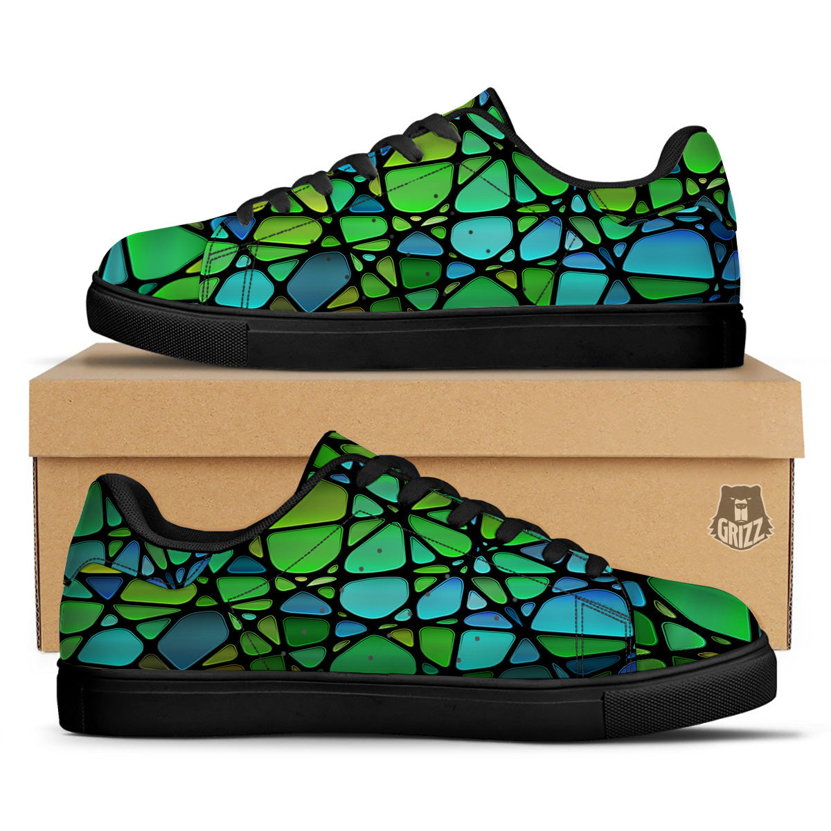 Stained Glass Green And Blue Print Black Low Top Sneakers-grizzshop