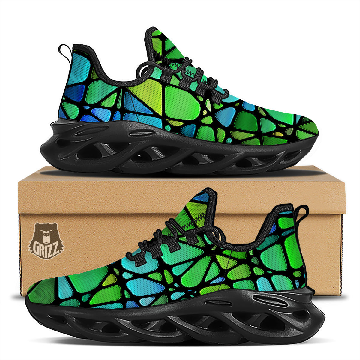 Stained Glass Green And Blue Print Black Running Shoes-grizzshop