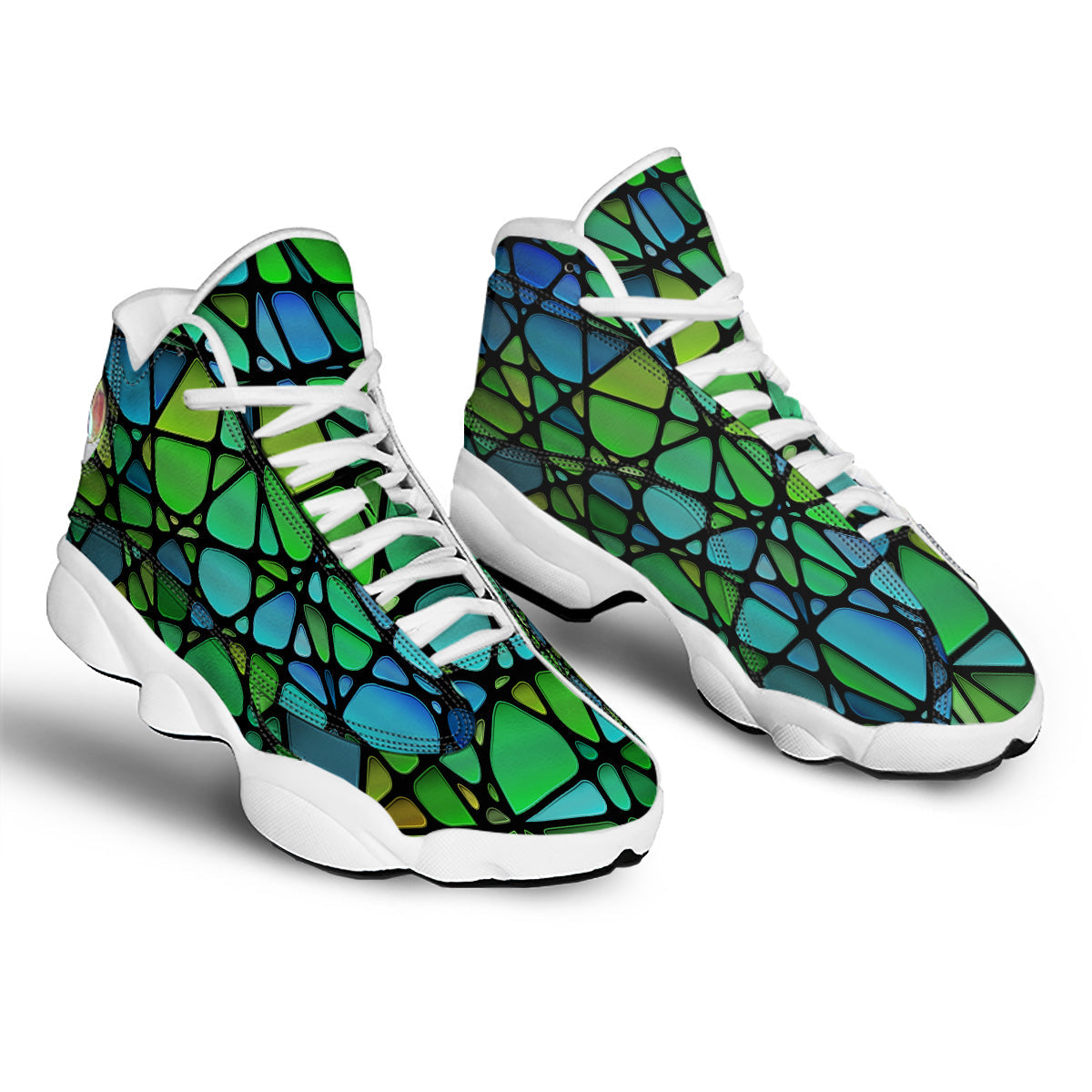 Stained Glass Green And Blue Print White Basketball Shoes-grizzshop