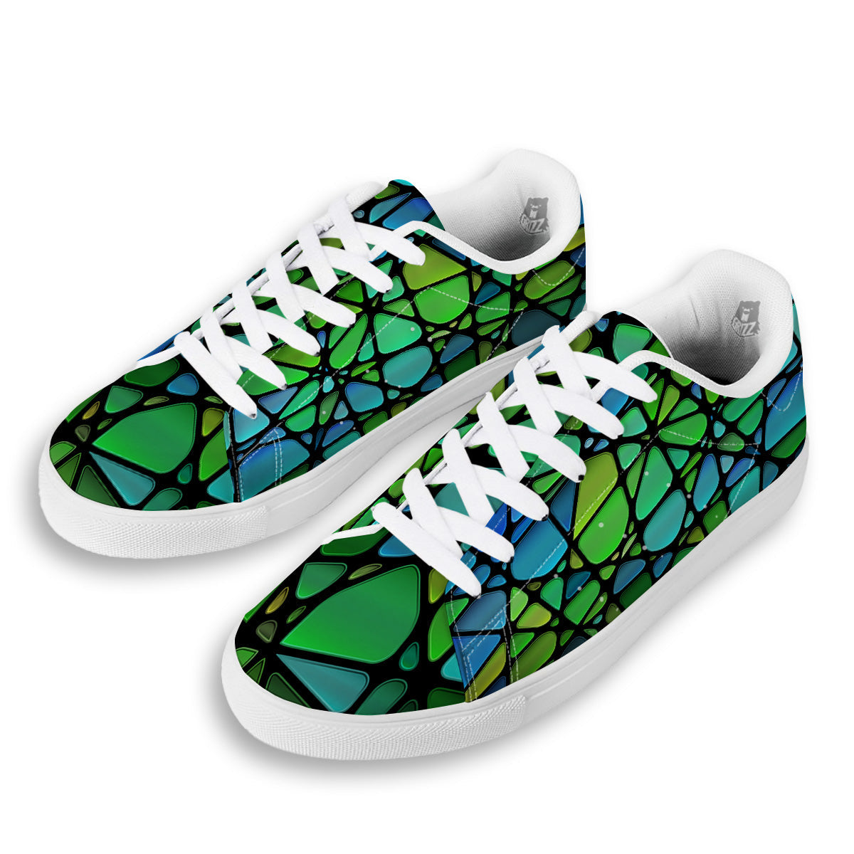 Stained Glass Green And Blue Print White Low Top Sneakers-grizzshop
