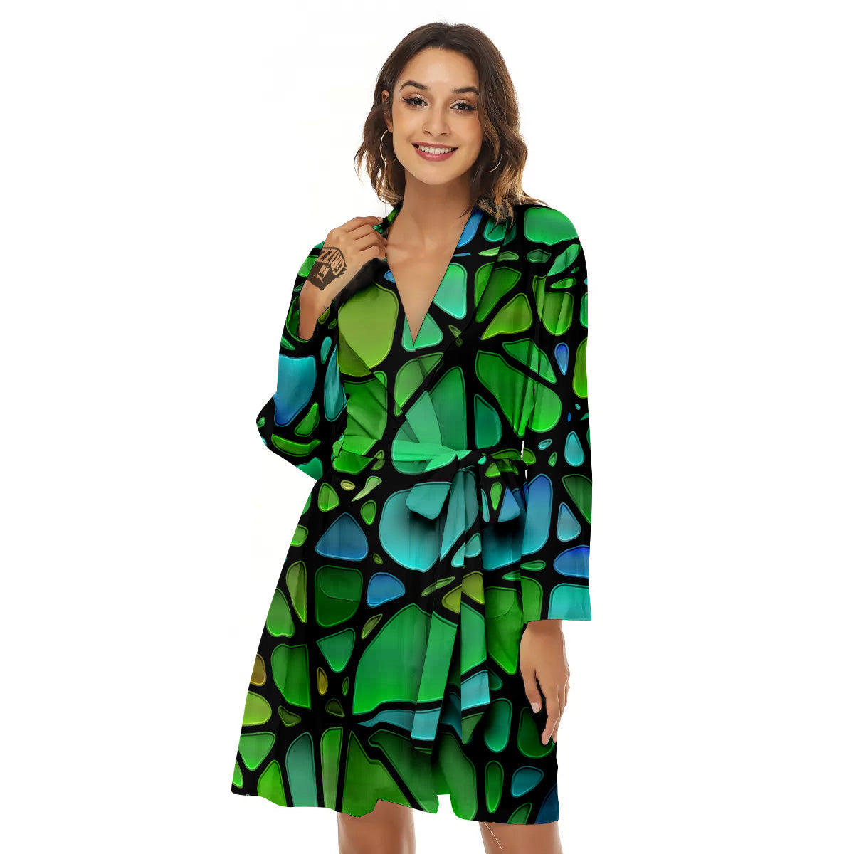 Stained Glass Green And Blue Print Women's Robe-grizzshop